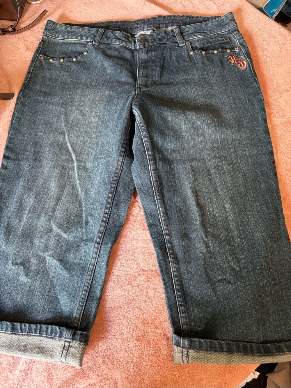 Harley-Davidson blue and black denim jeans with logo tag